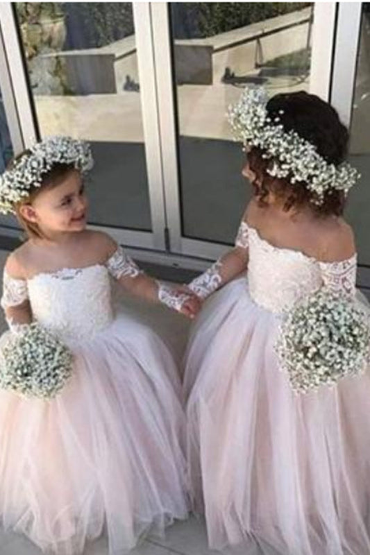 Cute Off the Shoulder Lace A Line With Appliques Flower Girl Dresses