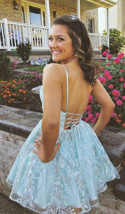 Spaghetti Straps Light Sky Blue Homecoming Dresses A Line Gabriella With Appliques HE11587