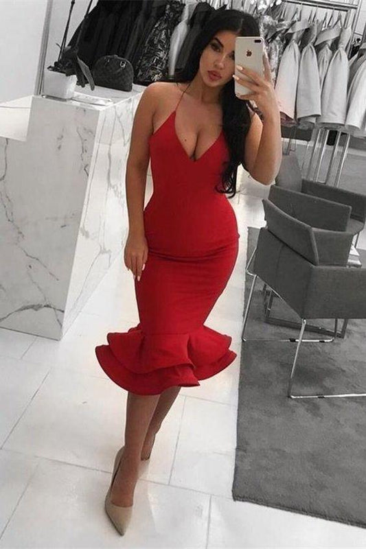 Spaghetti Straps Halle Homecoming Dresses Short Mermaid Red Sheath Simple Beauty HE14059