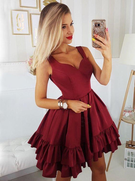 A-Line Straps Above-Knee Burgundy Tiered Homecoming Dresses Harriet With Pleats HE15432