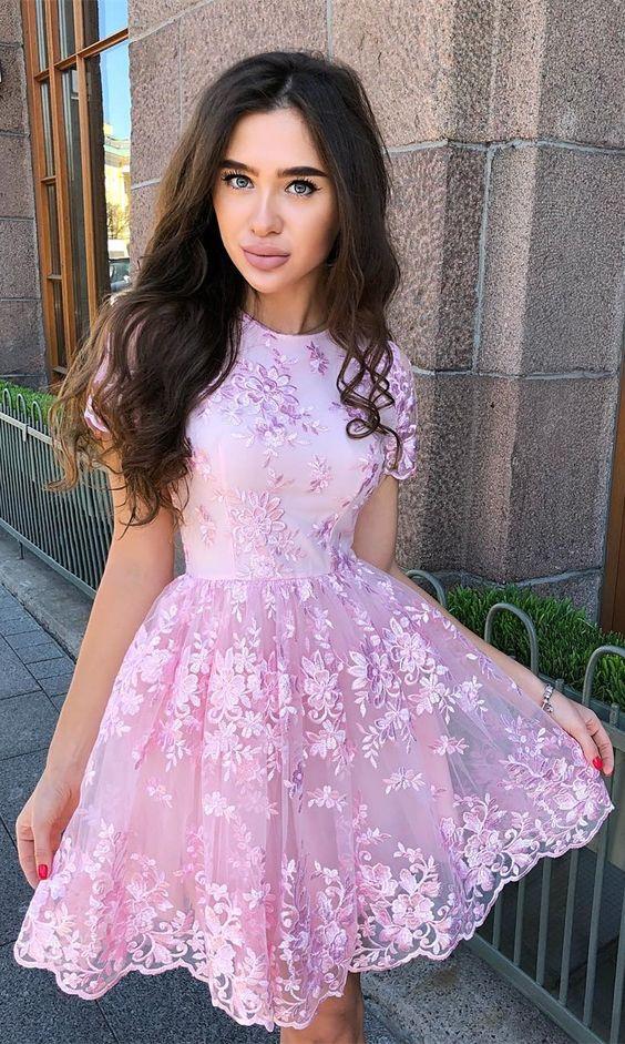 A-Line Crew Short Sleeves Short With Homecoming Dresses Pink Rebecca Appliques HE1579