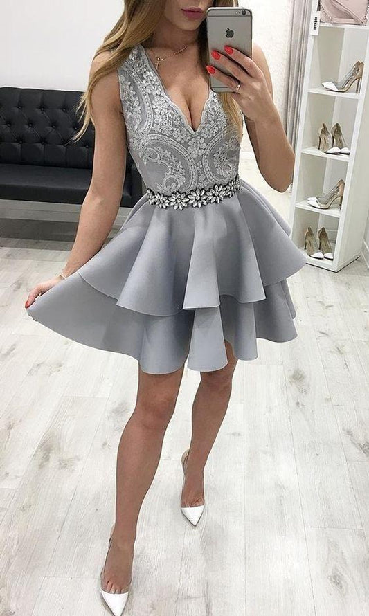 V Neck Grey Homecoming Dresses Lace Carlee A Line Short With Beading HE181