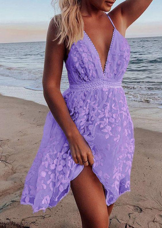 Floral Open Homecoming Dresses Brielle Lace Back Spaghetti Strap Purple Short HE22124