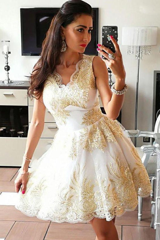 A-Line Cute V-Neck Sleeveless Tulle With Homecoming Dresses Ireland Appliques HE22290