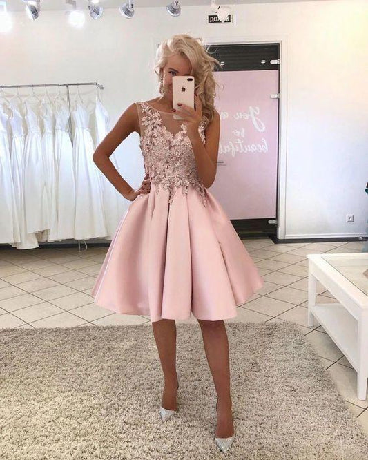 Short A-Line Cute For Lace Pink Homecoming Dresses Lauren Satin Teens HE22529