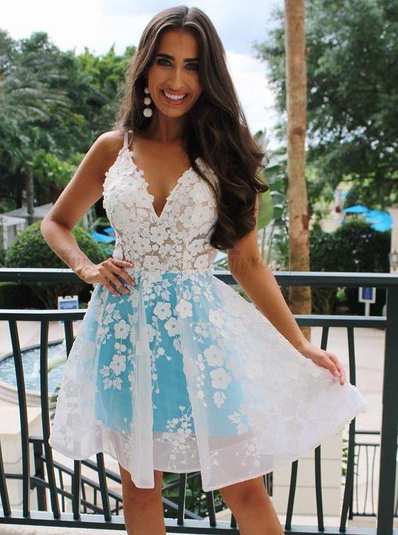 A-Line Heaven Homecoming Dresses Spaghetti Straps Above-Knee White With Appliques HE2266