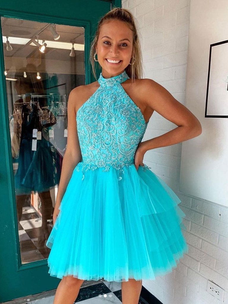 BLUE HIGH Homecoming Dresses Riya NECK TULLE LACE SHORT DRESS BLUE HE22763