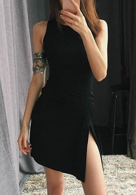 Casual Destiney Homecoming Dresses Black Plain Side Slit Round Neck Mini HE22927