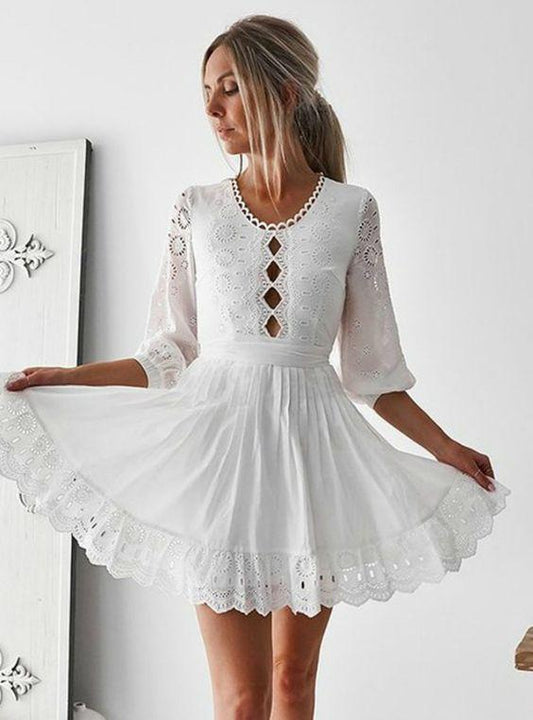 A-Line 3/4 Sleeves White With Homecoming Dresses Lace Trudie Keyhole HE22983