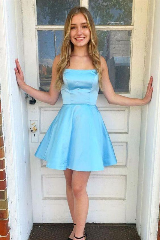 A-Line Light Blue Short With Homecoming Dresses Princess Satin Spaghetti Straps HE23565