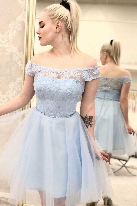 Off The Shoulder Lace Bella Homecoming Dresses Light Blue And Tulle Short HE24231