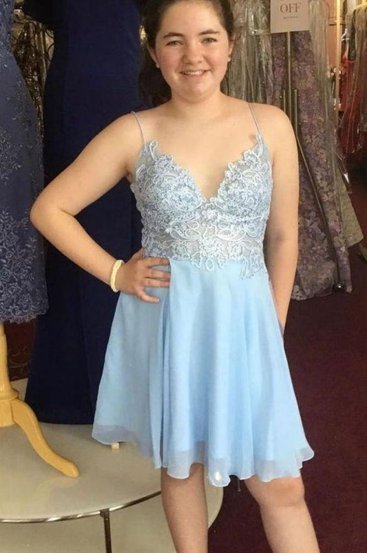 A-Line Light Blue Short Features Emelia Homecoming Dresses With Spaghetti Straps HE24531