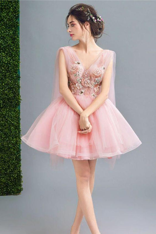 A-Line And Floral Embroidery Short Pink Dylan Homecoming Dresses Party Dress HE24566