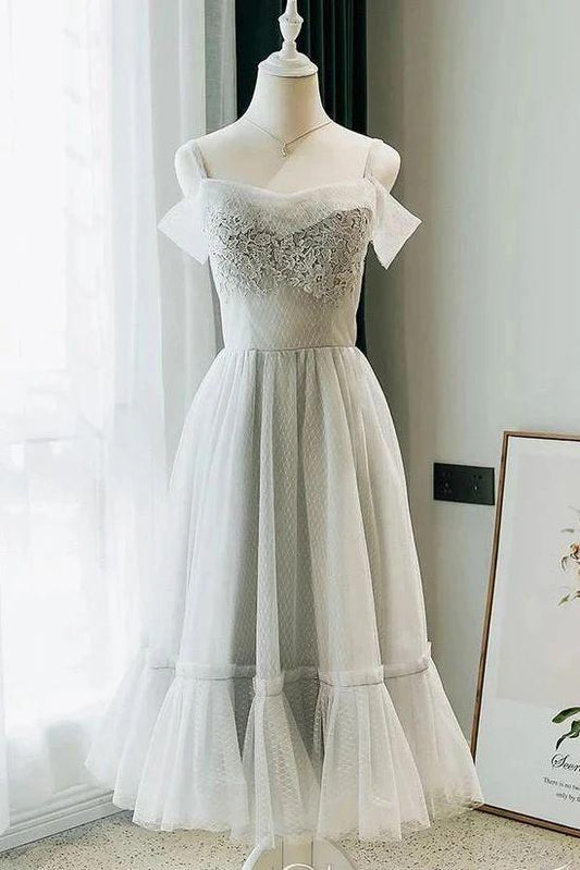 Tea Length Homecoming Dresses Chanel A Line Lace Off The Shoulder With Appliques HE3655