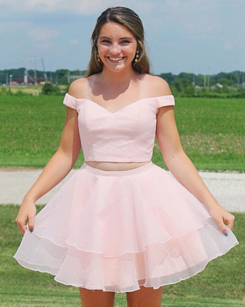 Off The Shoulder With Two Pieces Pink Homecoming Dresses A Line Mira Beading HE4081