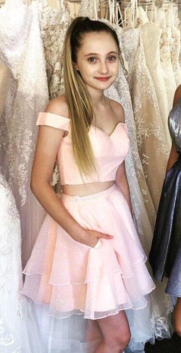 Off The Shoulder With Paige Two Pieces Homecoming Dresses A Line Pink Beading HE4591