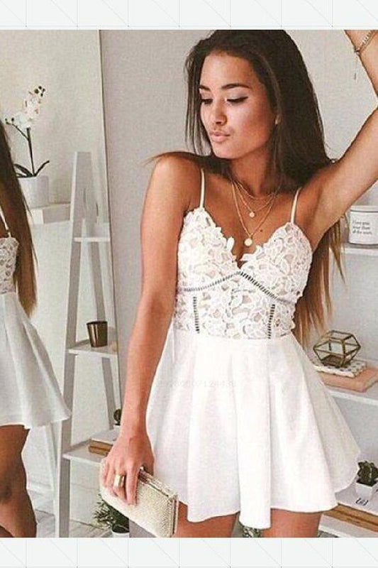 A-Line Spaghetti Straps White Chiffon Tiffany Homecoming Dresses Lace Mini With HE84