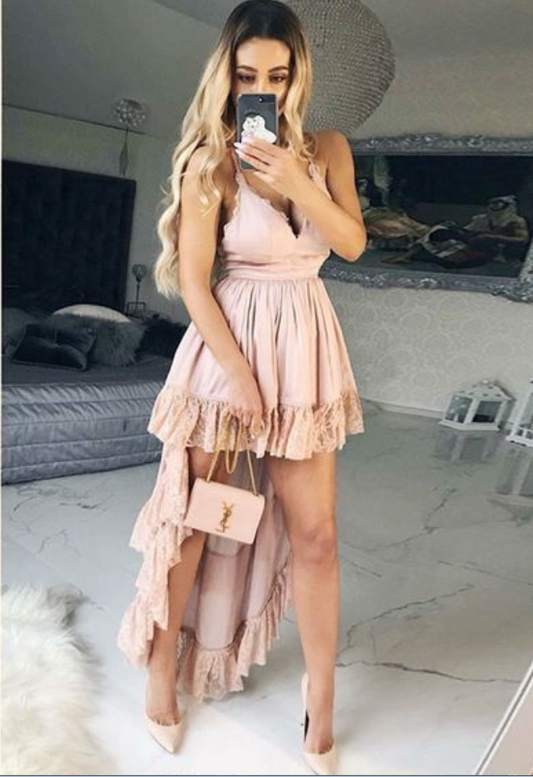 A-Line Spaghetti Straps High Low Blush Homecoming Dresses Lace Neveah With HE932