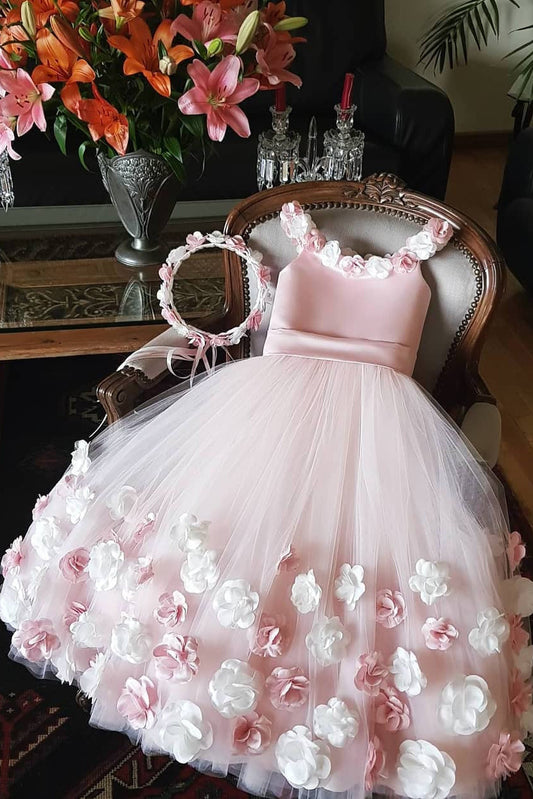 Cute Tulle Pink Flower Girl Dresses With 3D Floral Appliques